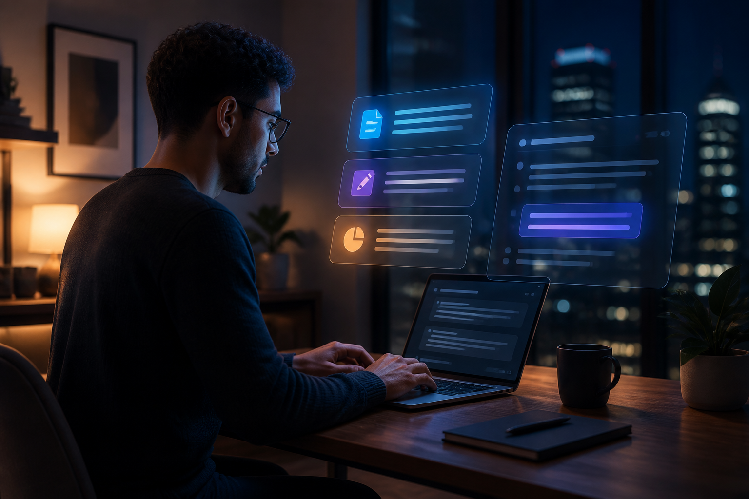 A person using an AI writing assistant next to a laptop