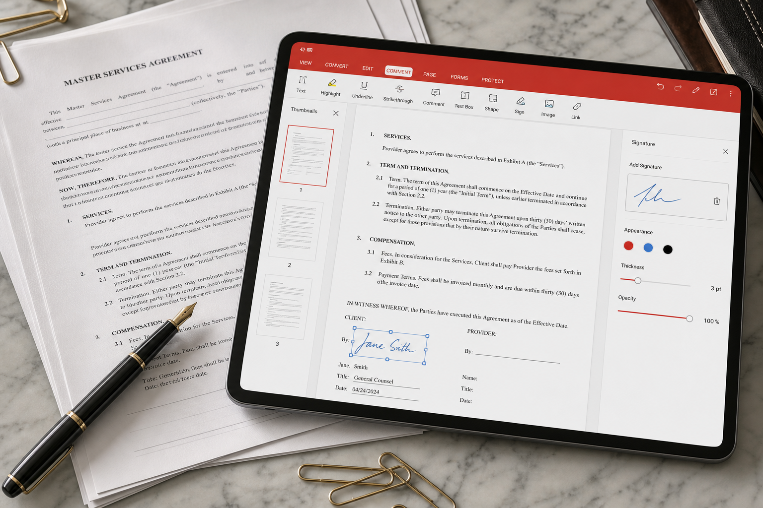 Tablet showing a PDF editor next to printed contracts