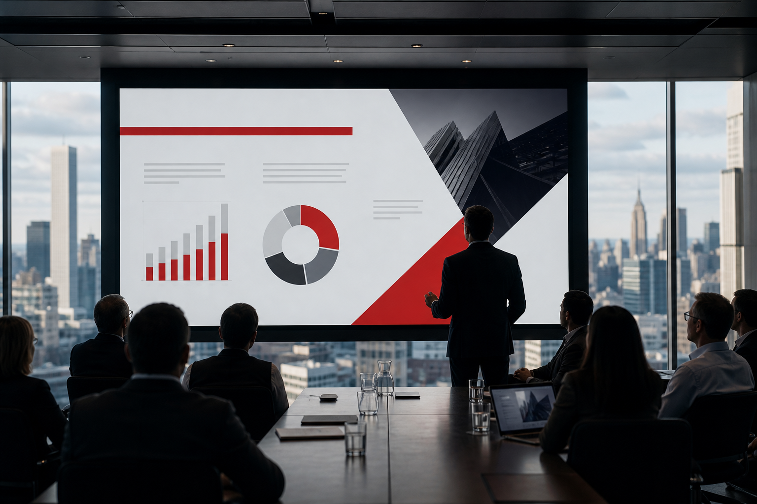 Conference room screen showing a slide deck