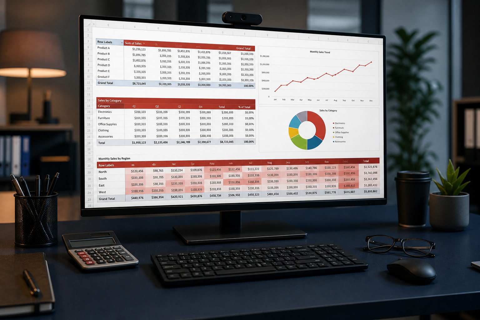 Monitor showing spreadsheet charts on a dark desk