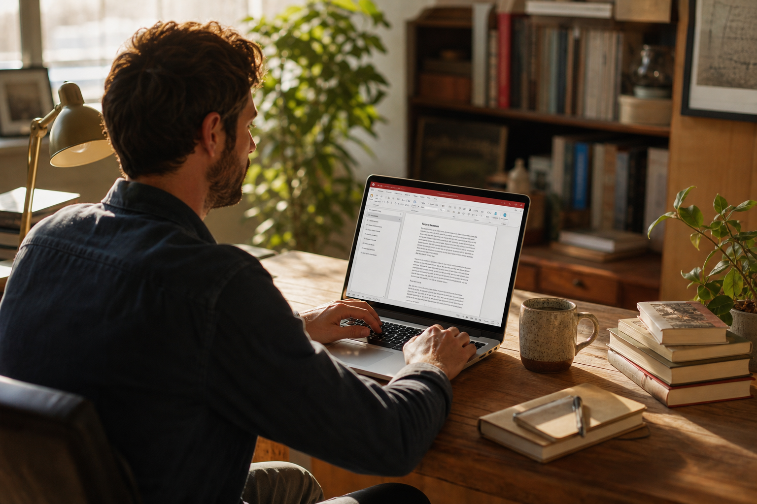 Someone writing on a laptop in a bright home office