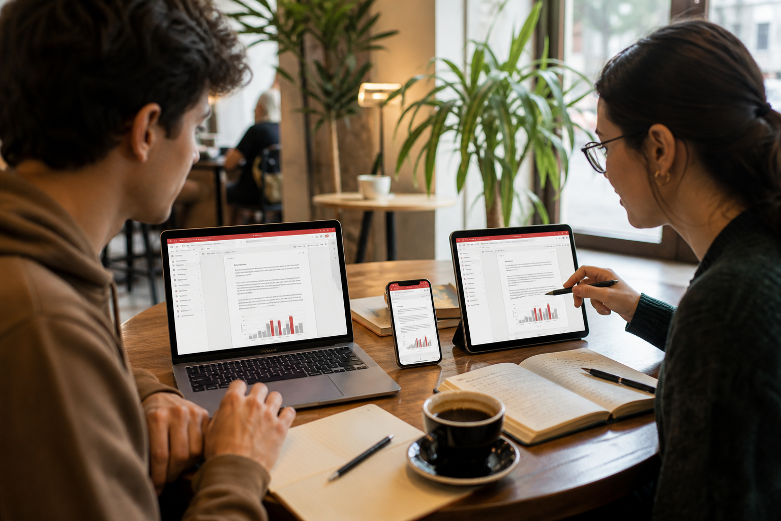 Laptop, tablet, and phone showing the same synced document