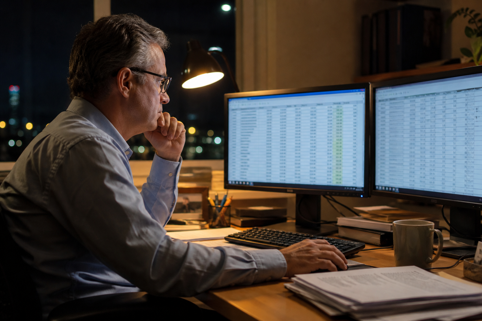 Accountant working at night with dual monitors