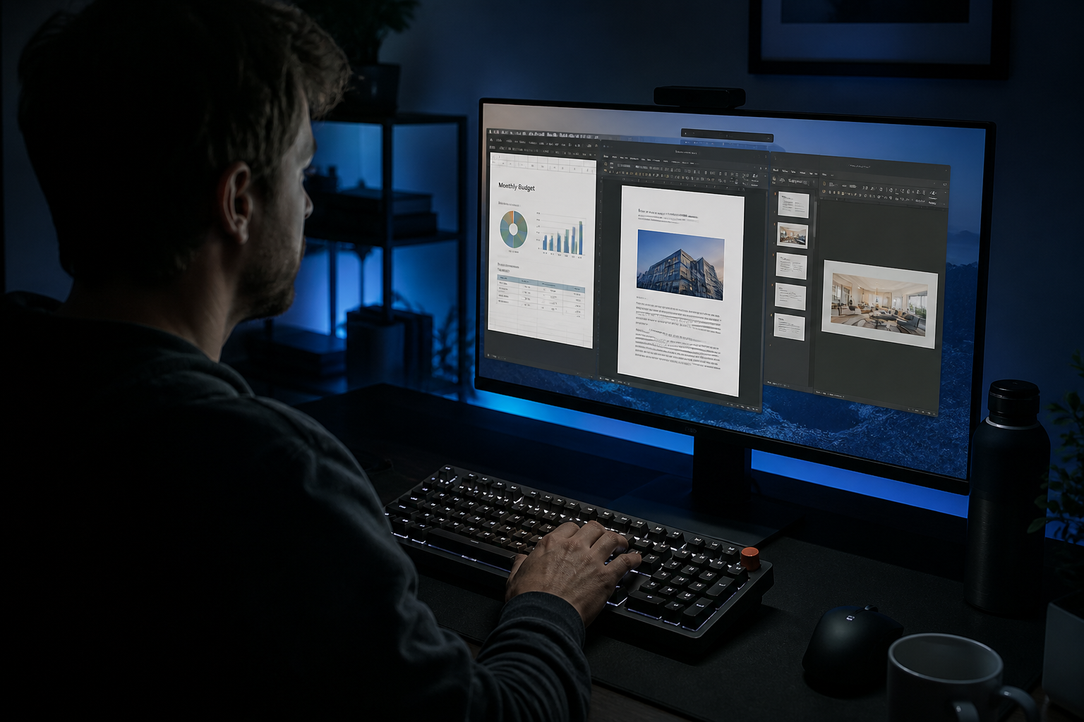 Linux user at a dark desk with a mechanical keyboard