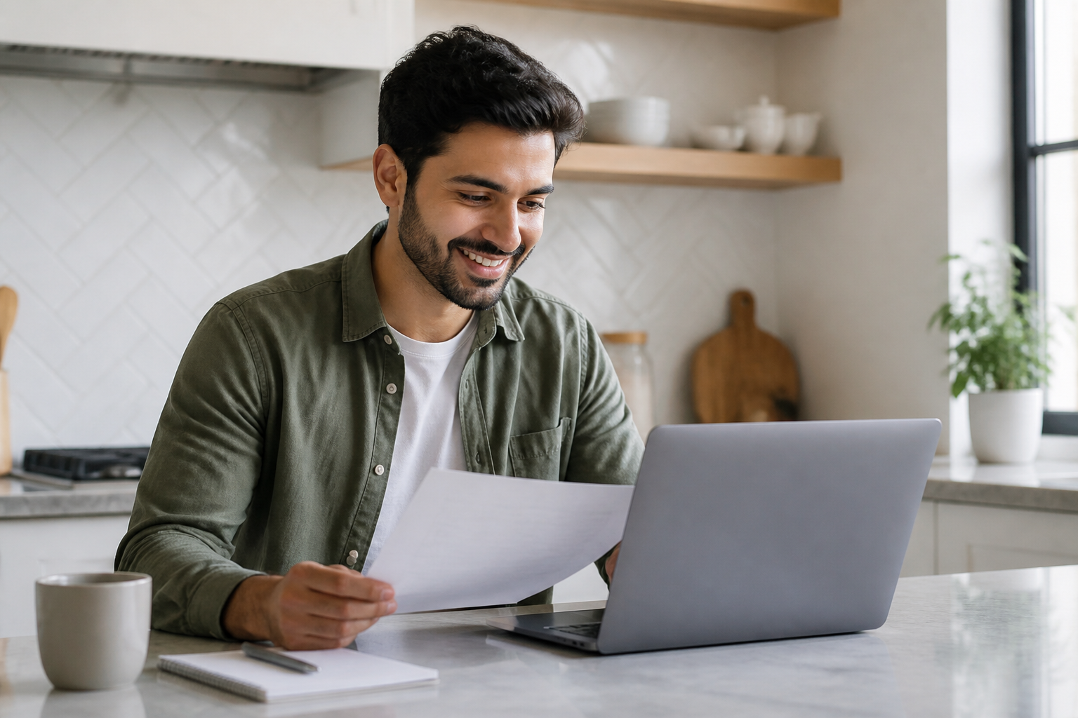 Freelancer reviewing a document at a kitchen table