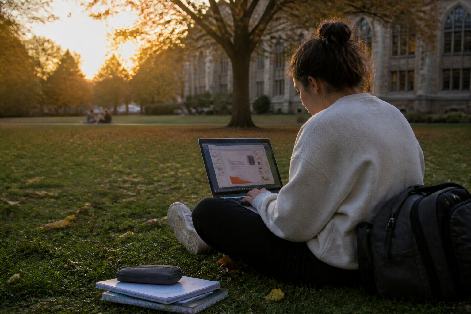 University student working on a laptop outdoors