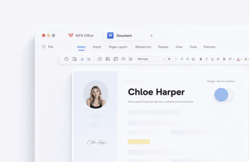 WPS Writer with a familiar ribbon and a resume document open